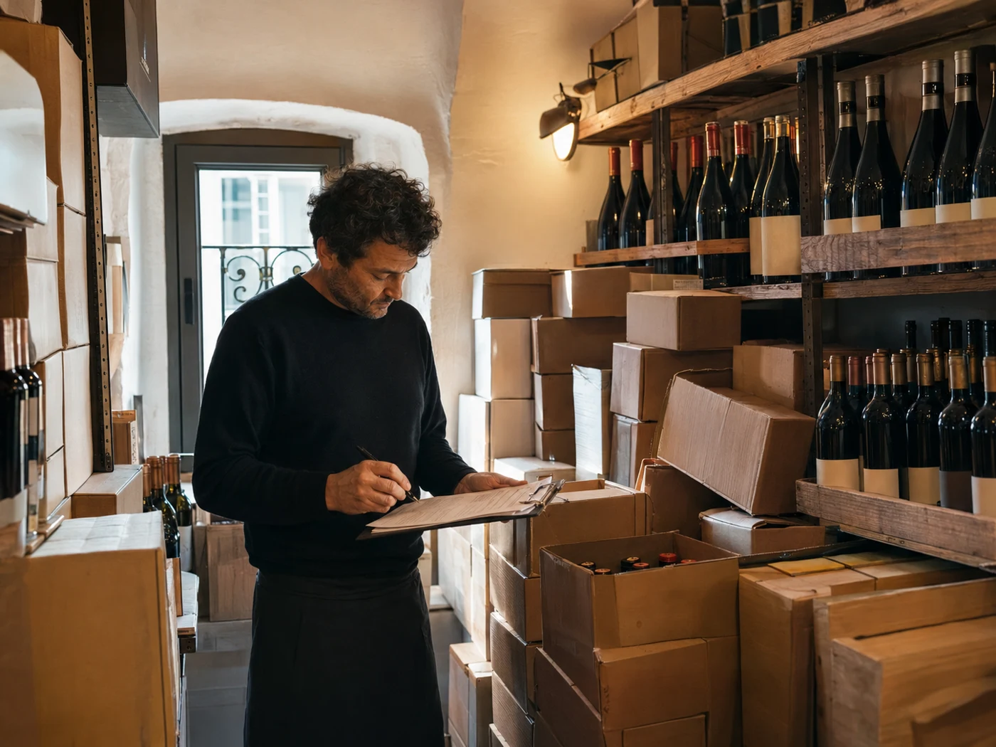 Controllo delle disponibilità di vino tra bottiglie e cartoni in magazzino